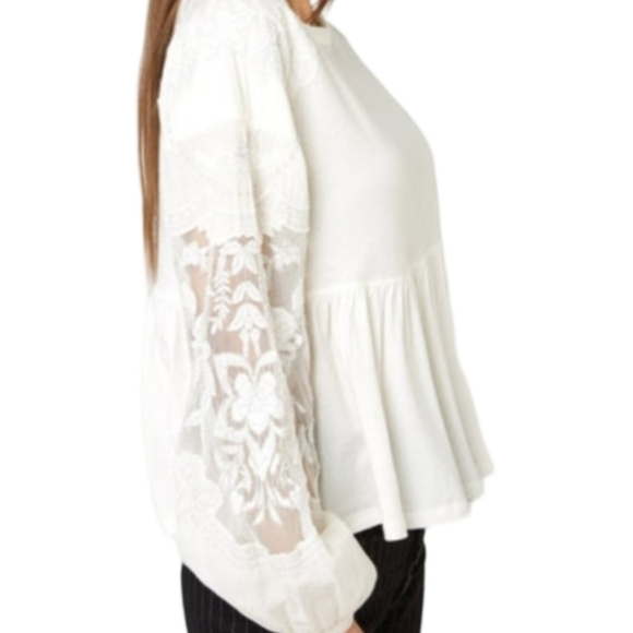 Free People Penny Top Embroidered Sheer Sleeves White Boho Cotton Peplum L - Picture 6 of 11